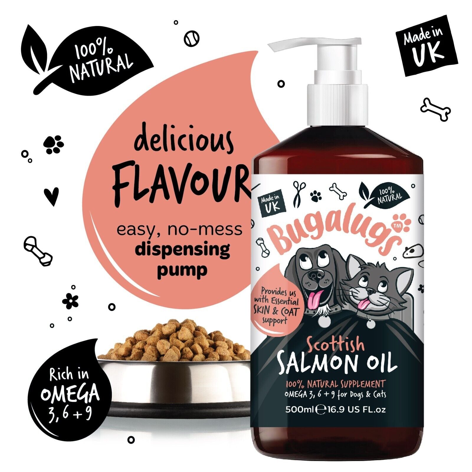 Bugalugs 100% Pure Salmon Oil for Dogs, Cats, and Pets - 500ml for Healthy Skin and Coat