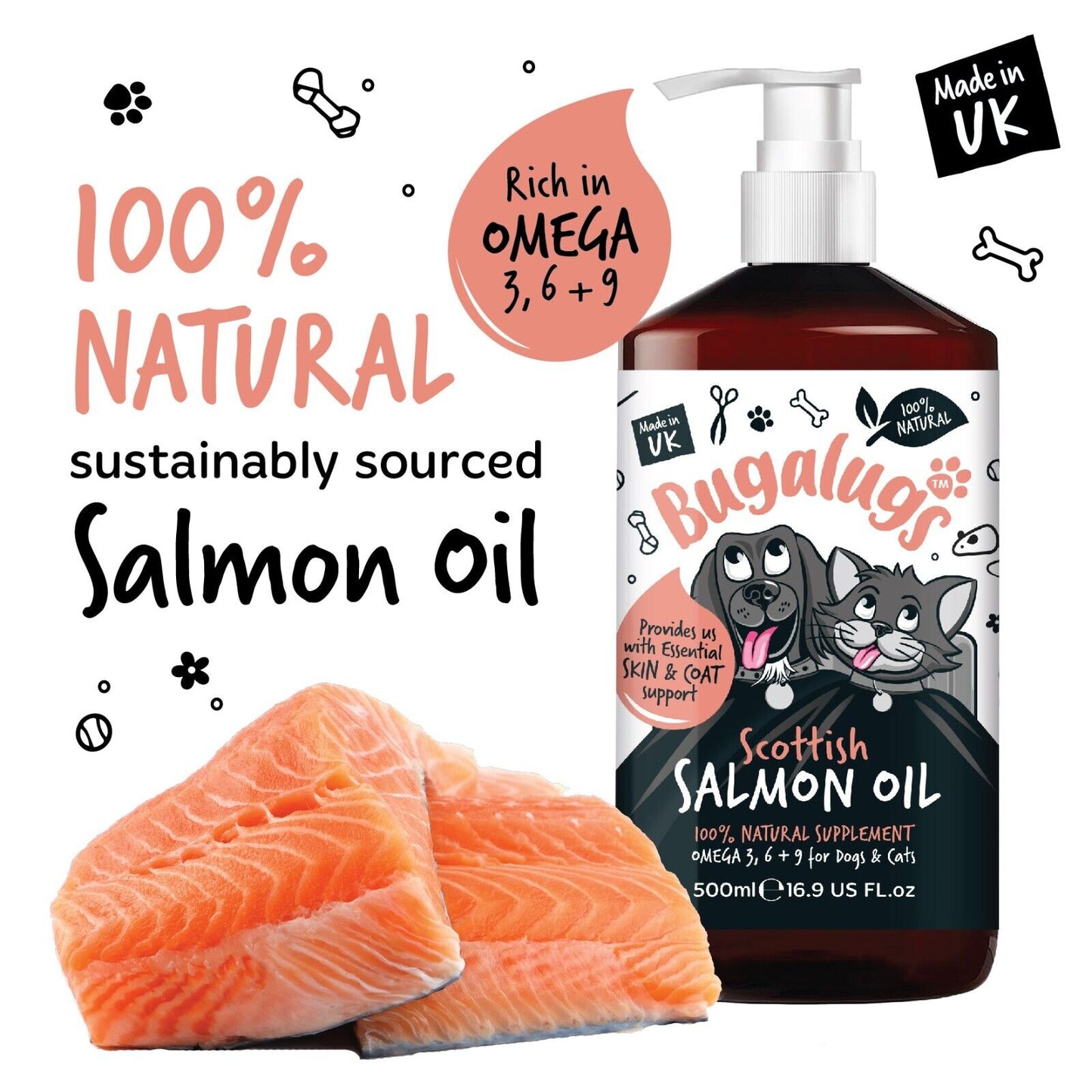 Bugalugs 100% Pure Salmon Oil for Dogs, Cats, and Pets - 500ml for Healthy Skin and Coat