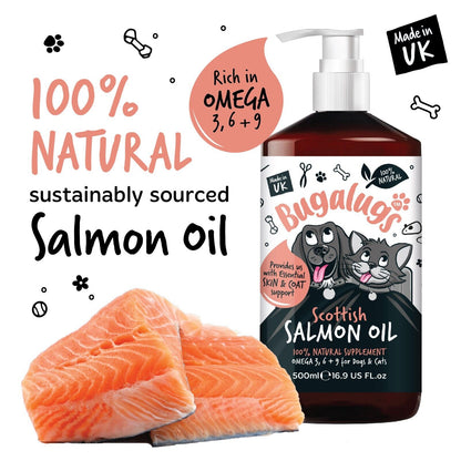 Bugalugs 100% Pure Salmon Oil for Dogs, Cats, and Pets - 500ml for Healthy Skin and Coat