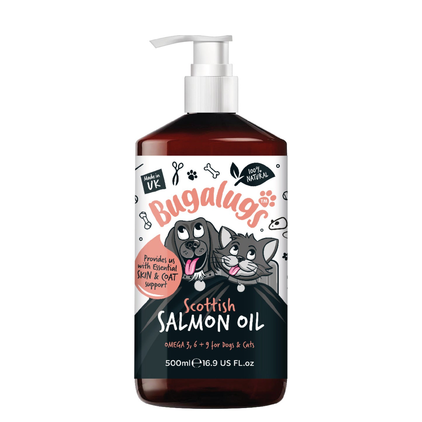 Bugalugs 100% Pure Salmon Oil for Dogs, Cats, and Pets - 500ml for Healthy Skin and Coat