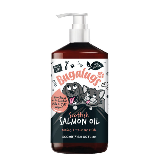 Bugalugs 100% Pure Salmon Oil for Dogs, Cats, and Pets - 500ml for Healthy Skin and Coat